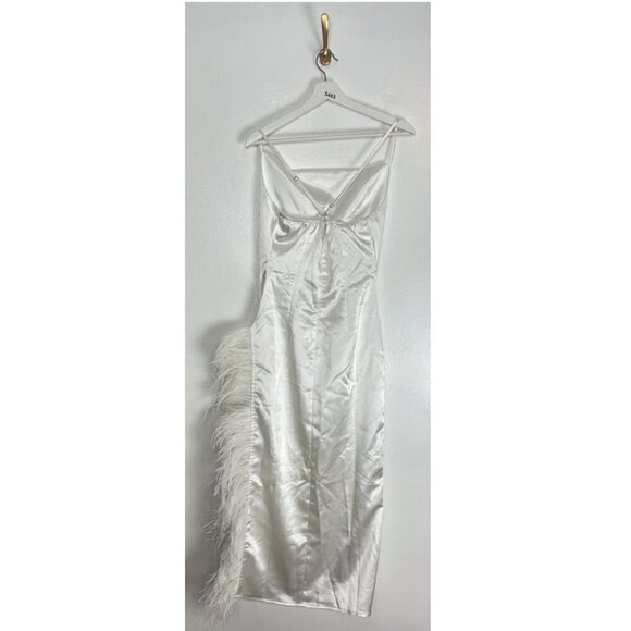 NICHOLE LYNEL Feather Trim Satin Body-Con Dress in White Size Small - Picture 6 of 12